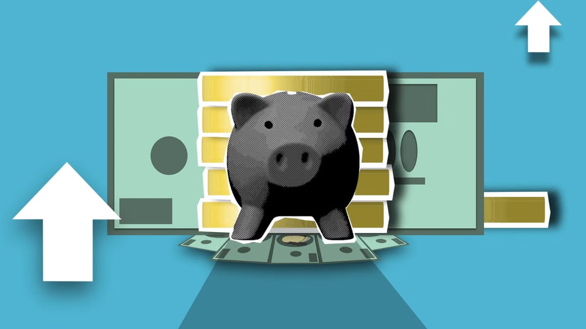 Cutout paper composition of piggy bank with banknotes and pile of coins on blue background